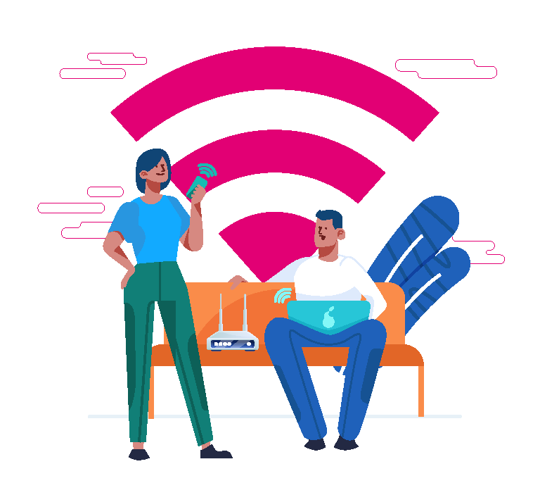 A  standing girl and a sitting boy next to a modem, smiling happily. The girl is showing her internet-connected phone, while the boy expresses joy about the fast internet they are enjoying. The background features a pink-themed signal graphic, emphasizing the connectivity provided by Telsim NBN Plans.